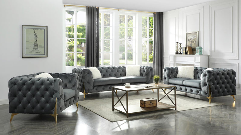 Moderno Grey Velvet Living Set with Gold Accents