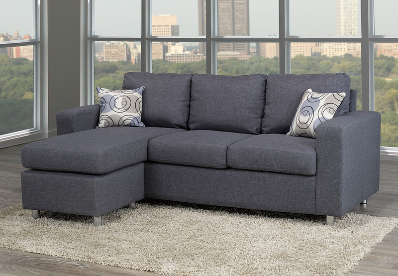 Grey Fabric Sofa With Chrome Legs and Accent Pillows
