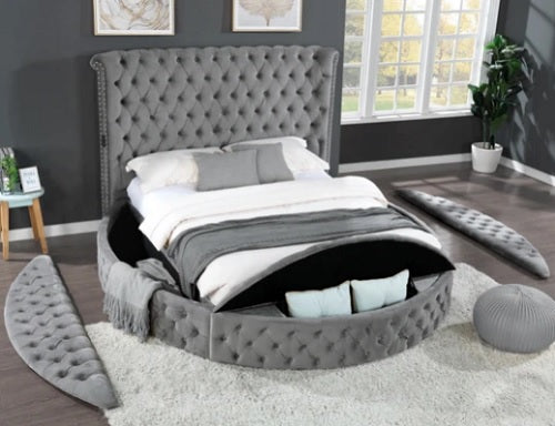 Grey Velvet Storage Bed with 2 ides open
