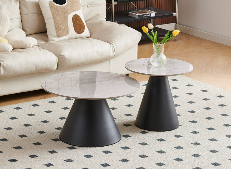Nesting Coffee Table Set – Armani Grey Stone & Black Steel (2-Piece Set)