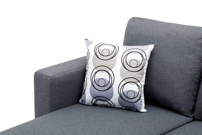 Grey Fabric Sofa With Chrome Legs and Accent Pillows
