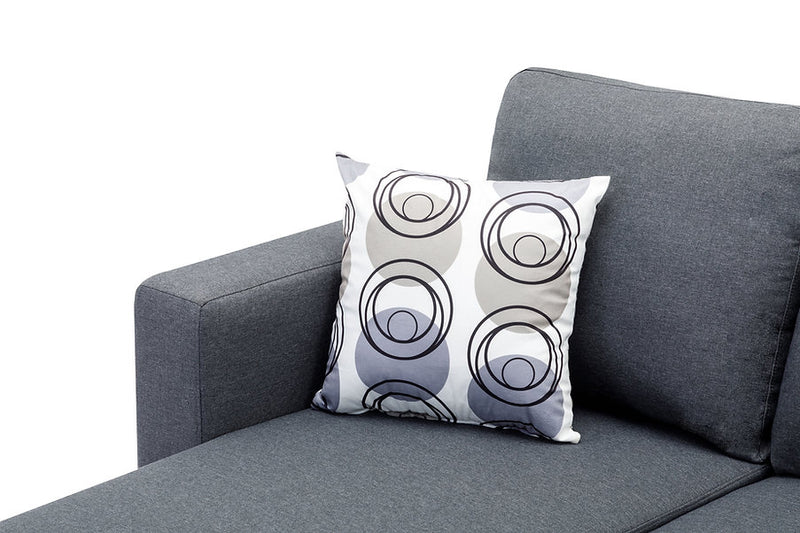 Grey Fabric Sofa With Chrome Legs and Accent Pillows