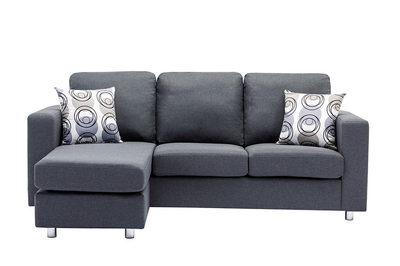 Grey Fabric Sofa With Chrome Legs and Accent Pillows