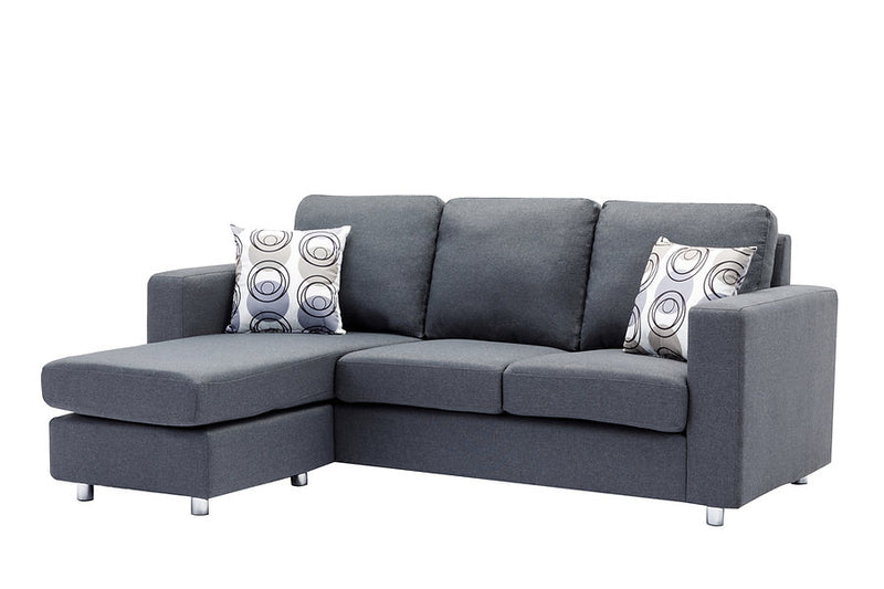 Grey Fabric Sofa With Chrome Legs and Accent Pillows