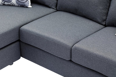 Grey Fabric Sofa With Chrome Legs and Accent Pillows