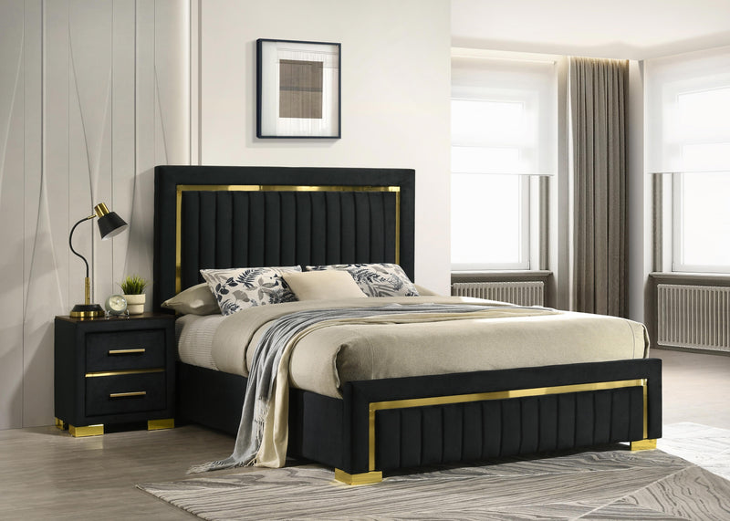 Aurora Bedroom Set – Black Velvet Platform Bed with Gold Accents