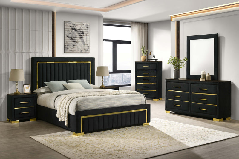 Aurora Bedroom Set – Black Velvet Platform Bed with Gold Accents