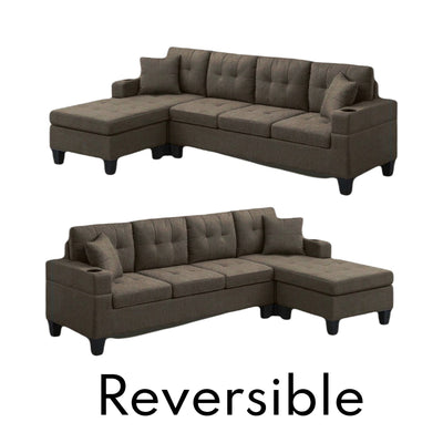 Brown Fabric Reversible Sectional w/ Cup Holders