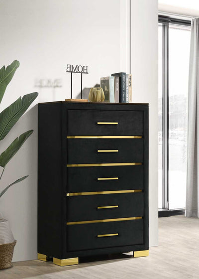 Aurora Bedroom Set – Black Velvet Platform Bed with Gold Accents