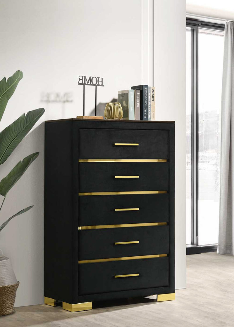 Aurora Bedroom Set – Black Velvet Platform Bed with Gold Accents