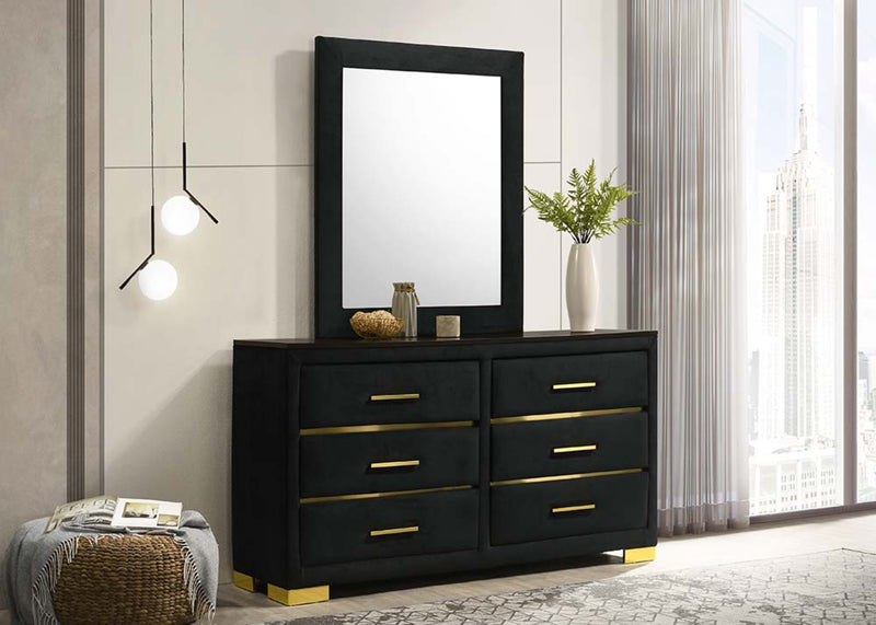 Aurora Bedroom Set – Black Velvet Platform Bed with Gold Accents