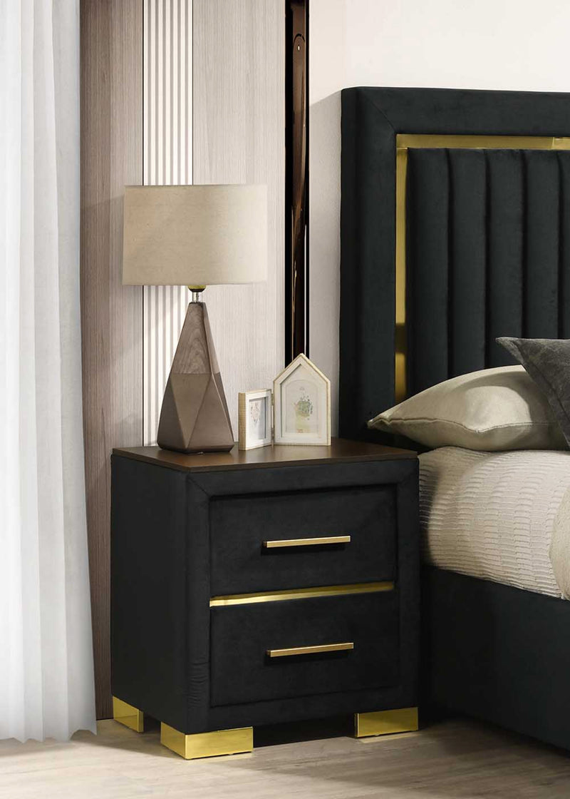 Aurora Bedroom Set – Black Velvet Platform Bed with Gold Accents