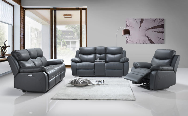 StratusMax 3-Piece Power Recliner Set – Grey Leather with Console & USB Ports