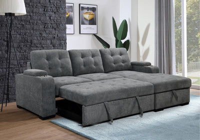 VersaSleeper Sectional: Grey Tufted Convertible with Multi-Storage & Chrome Cup Holders