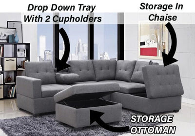 Grey Fabric RHF Chaise Sectional | Storage | Cupholders | USB / Power Outlet