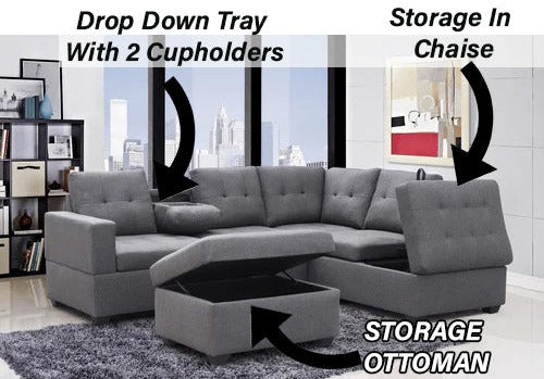 Grey Fabric RHF Chaise Sectional | Storage | Cupholders | USB / Power Outlet