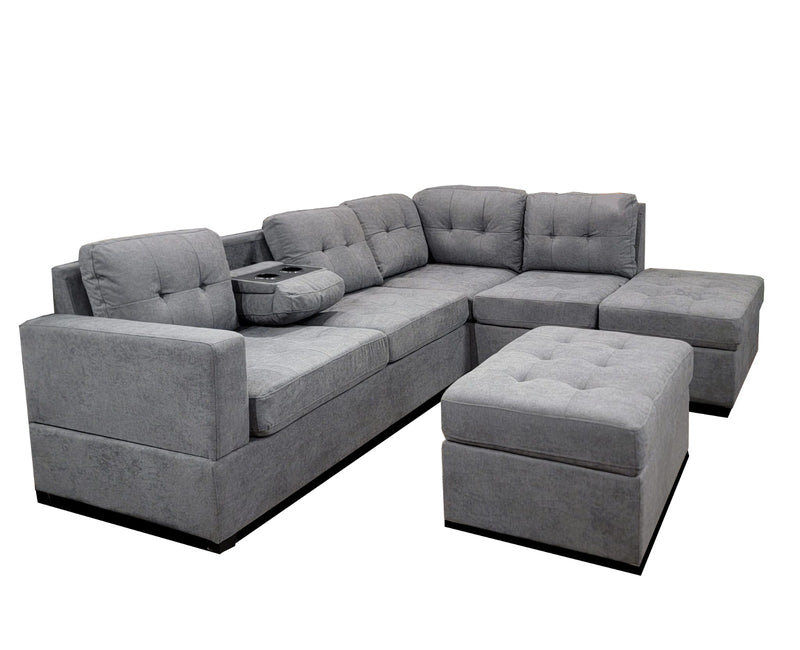 Grey Fabric RHF Chaise Sectional | Storage | Cupholders | USB / Power Outlet