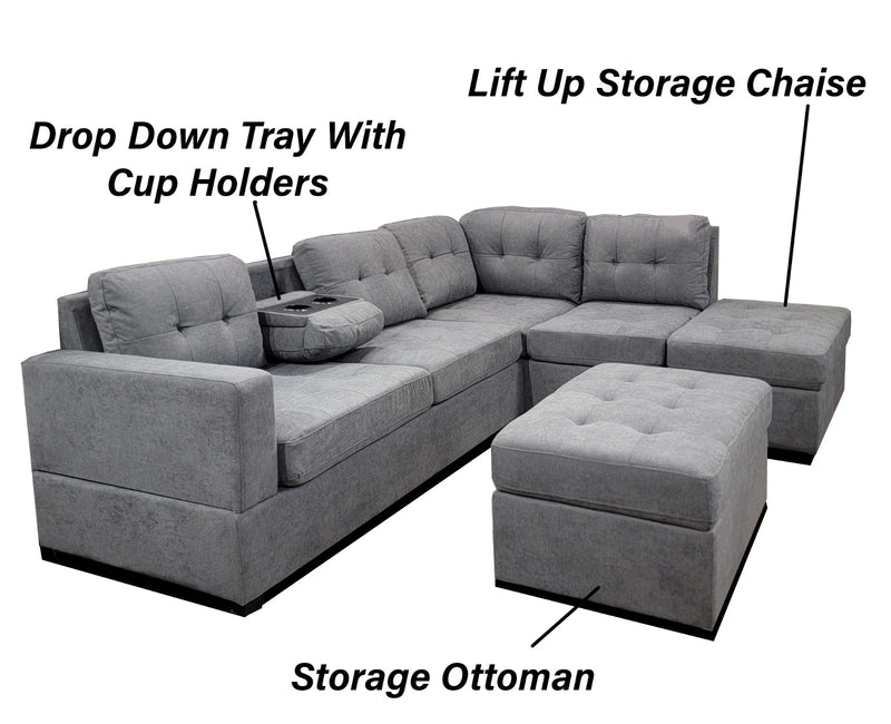 Grey Fabric RHF Chaise Sectional | Storage | Cupholders | USB / Power Outlet