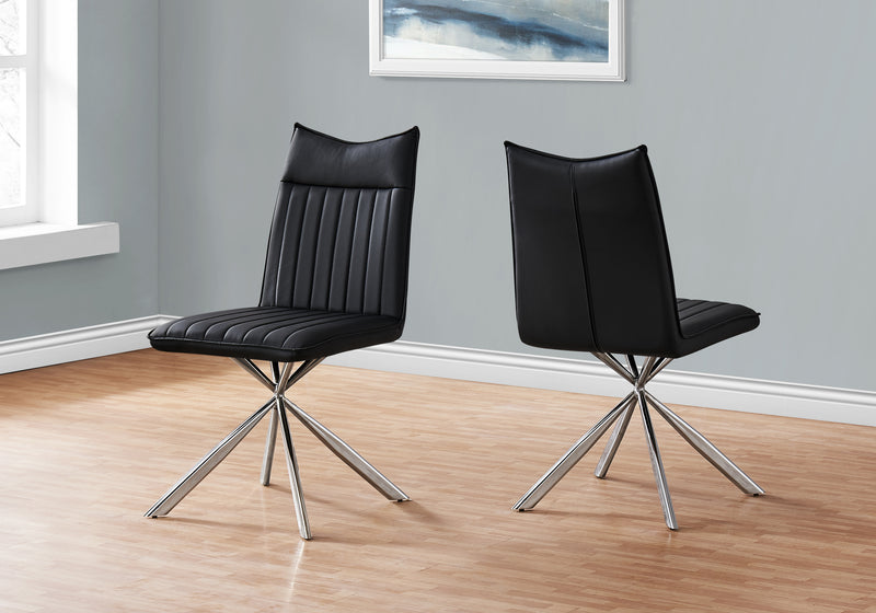 Dining Chair, Set Of 2, Side, Upholstered, Kitchen, Dining Room, Black Leather Look, Chrome Metal, Contemporary, Modern