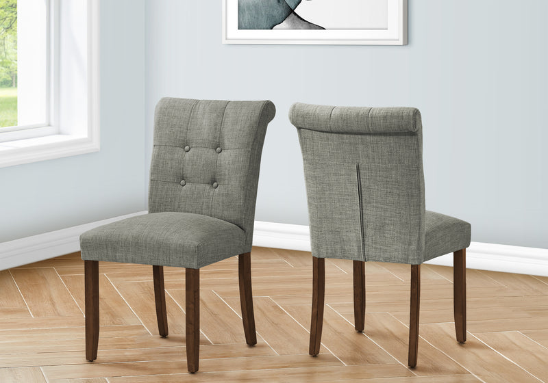 Dining Chair, 38" Height, Set Of 2, Upholstered, Dining Room, Side, Kitchen, Grey Fabric, Walnut Wood Legs, Modern