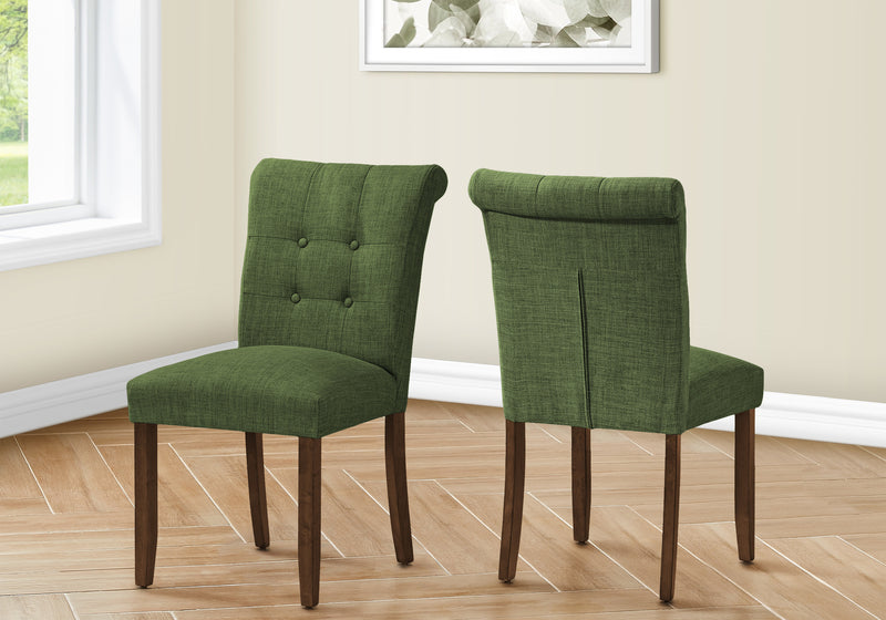 Dining Chair, 38" Height, Set Of 2, Upholstered, Dining Room, Side, Kitchen, Green Fabric, Walnut Wood Legs, Modern