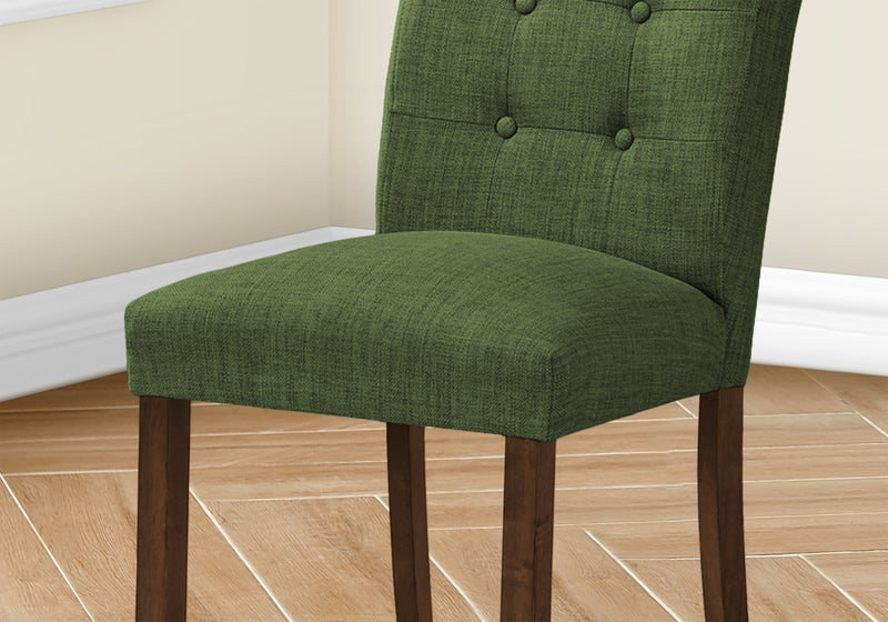 Dining Chair, 38" Height, Set Of 2, Upholstered, Dining Room, Side, Kitchen, Green Fabric, Walnut Wood Legs, Modern