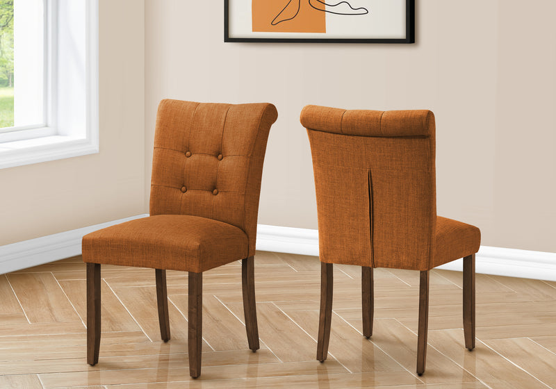 Dining Chair, 38" Height, Set Of 2, Upholstered, Dining Room, Side, Kitchen, Orange Fabric, Walnut Wood Legs, Modern