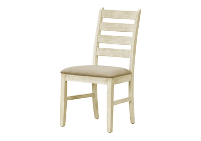 Set of 2 Antique White Upholstered Dining Chairs, Beige Linen Look - Transitional Style