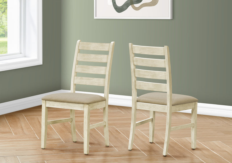 Set of 2 Antique White Upholstered Dining Chairs, Beige Linen Look - Transitional Style