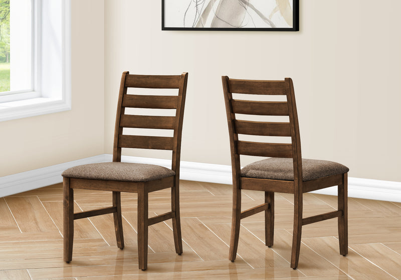 Set of 2 Upholstered Dining Chairs - Brown Fabric, Antique Cherry Finish