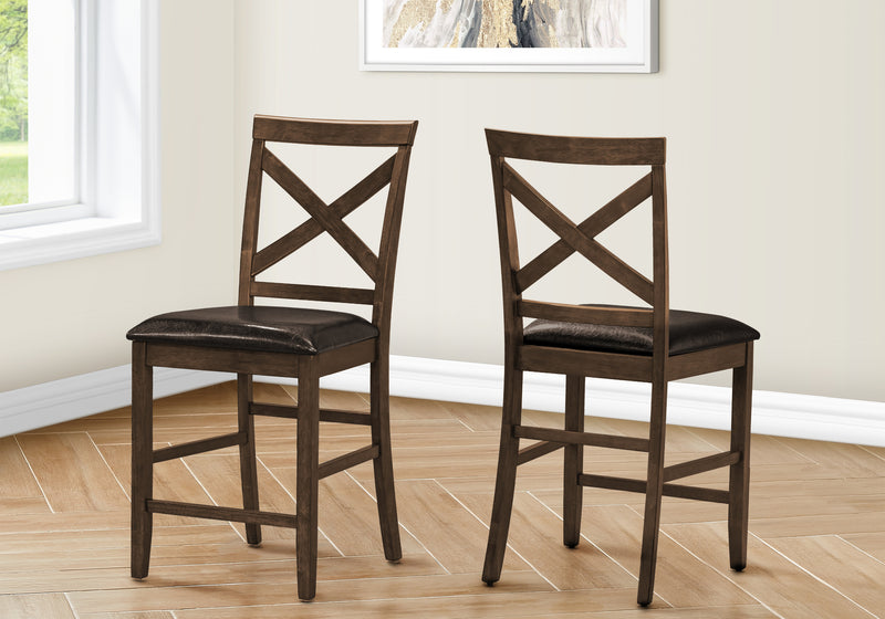 Set of 2 Upholstered Dining Chairs in Dark Walnut Finish with Brown Leather Look