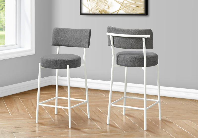 Set of 2 Grey Fabric Barstools - Contemporary White Metal Kitchen Counter Height Seating