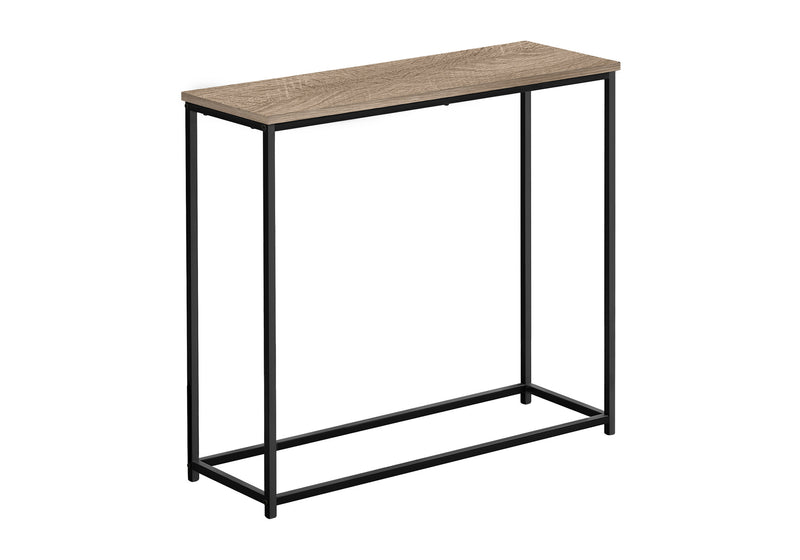 Modern Brown Laminate Accent Table with Black Metal Base for Living Room or Entryway