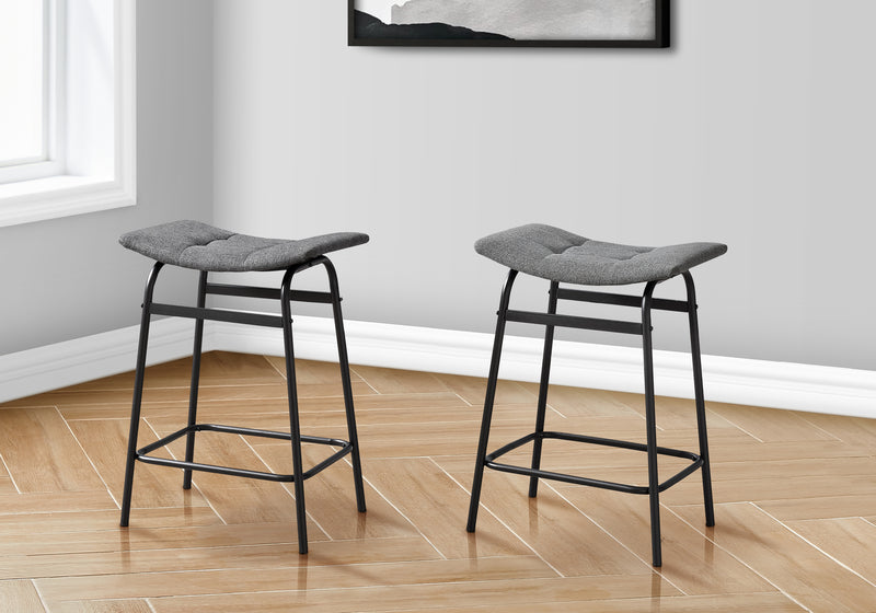 Set of 2 Grey Fabric Barstools - Contemporary Black Metal Counter Height Kitchen Chairs