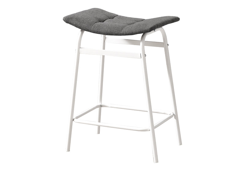 Set of 2 Grey Fabric Barstools - Contemporary White Metal Kitchen Counter Height Seating