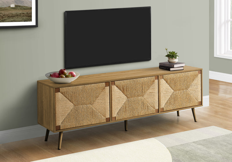 72 Inch Walnut Laminate TV Stand with Natural Seagrass Storage Cabinet