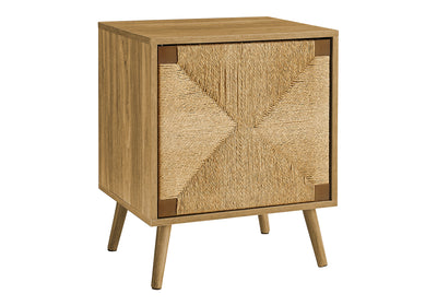 Modern Light Walnut Laminate Accent Table with Seagrass Storage - Small End Table for Living Room