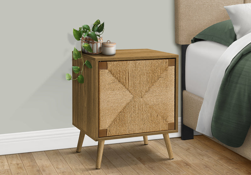 Modern Light Walnut Laminate Accent Table with Seagrass Storage - Small End Table for Living Room