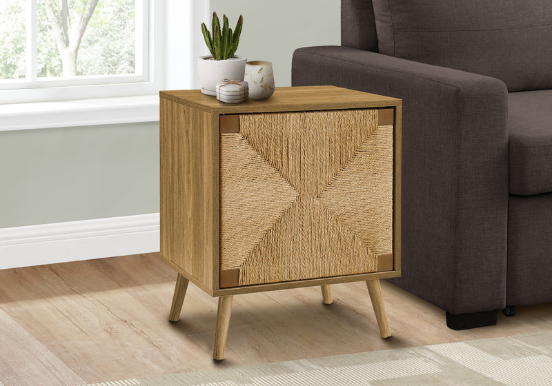 Modern Light Walnut Laminate Accent Table with Seagrass Storage - Small End Table for Living Room