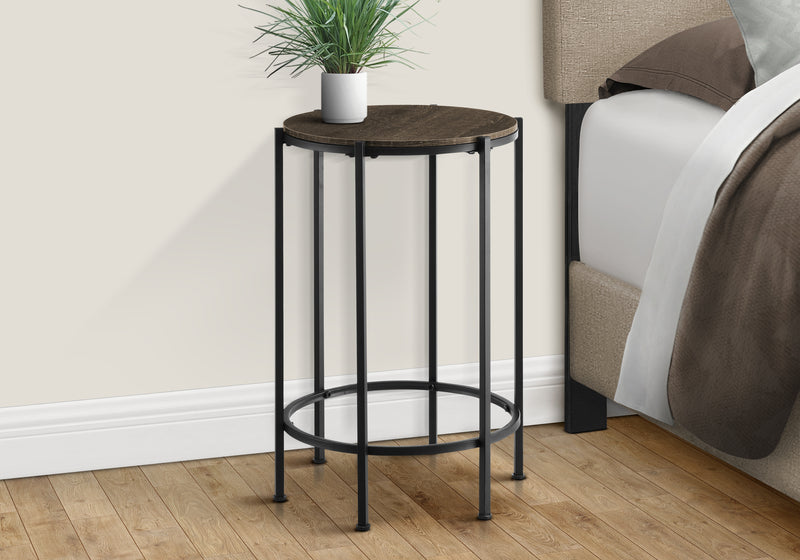 Contemporary Round Accent Table in Dark Oak Laminate with Black Metal Base