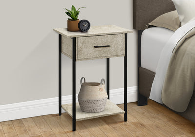 Contemporary 2 Tier Accent Table with Storage Drawer, Cream Stone Laminate & Black Metal