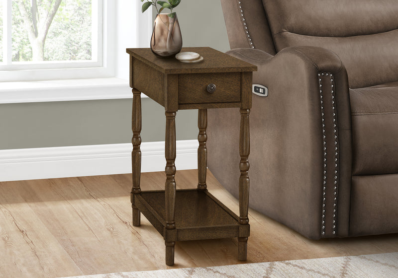 2 Tier Brown Veneer Accent Table with Storage Drawer - Traditional End Table for Bedroom or Living Room