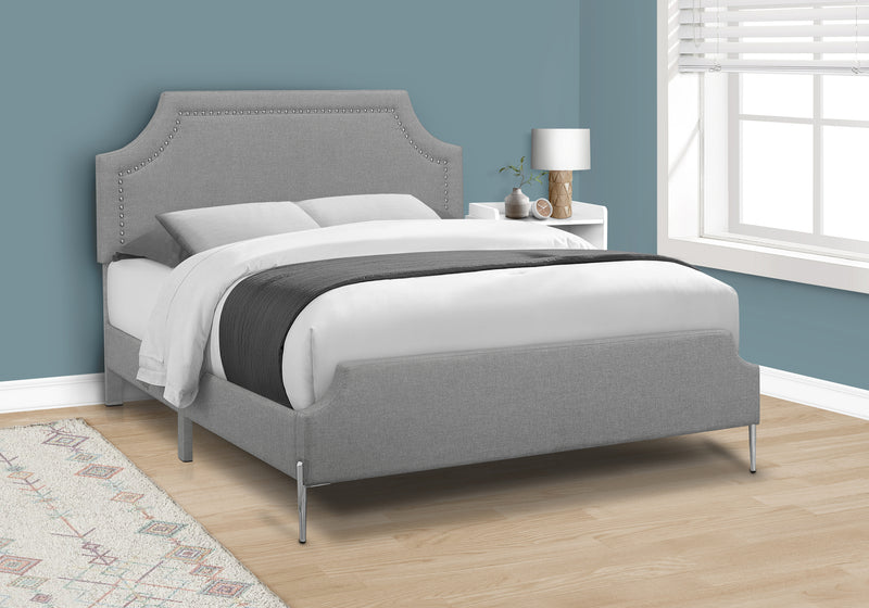 Queen Size Grey Linen Upholstered Bed with Chrome Metal Legs - Transitional Bedroom