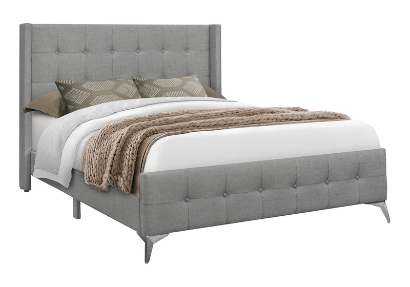 Queen Size Grey Linen Look Upholstered Bed with Chrome Metal Legs