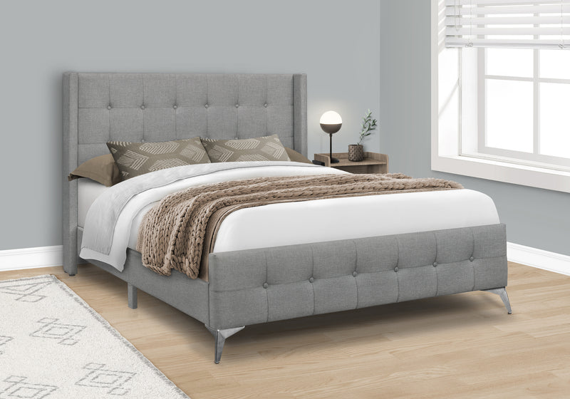 Queen Size Grey Linen Look Upholstered Bed with Chrome Metal Legs