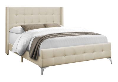 Queen Size Beige Linen Upholstered Bed with Chrome Metal Legs - Bedroom Furniture