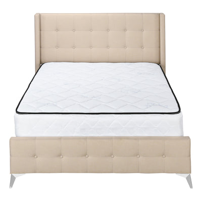 Queen Size Beige Linen Upholstered Bed with Chrome Metal Legs - Bedroom Furniture