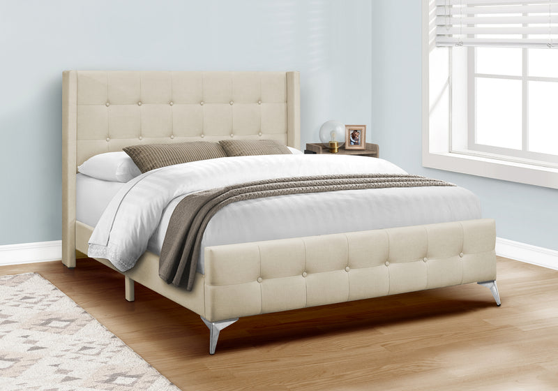 Queen Size Beige Linen Upholstered Bed with Chrome Metal Legs - Bedroom Furniture