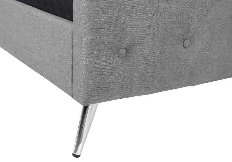 Queen Size Grey Linen Upholstered Bed with Chrome Metal Legs - Transitional Bedroom