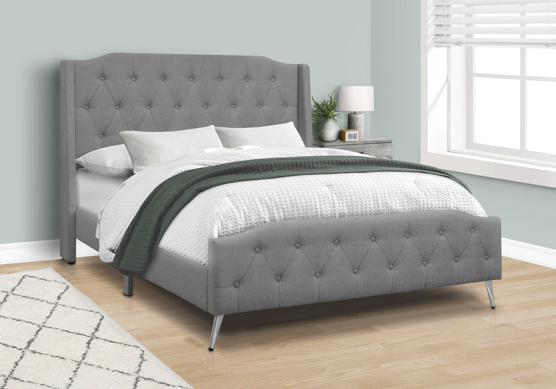 Queen Size Grey Linen Upholstered Bed with Chrome Metal Legs - Transitional Bedroom